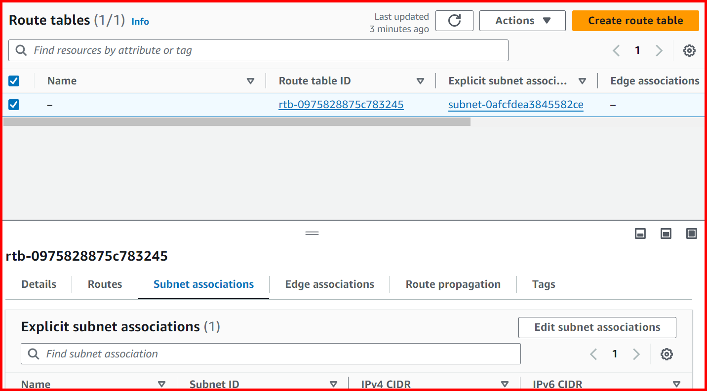 Picture showing the Subnet associations tab for associating subnet with route table